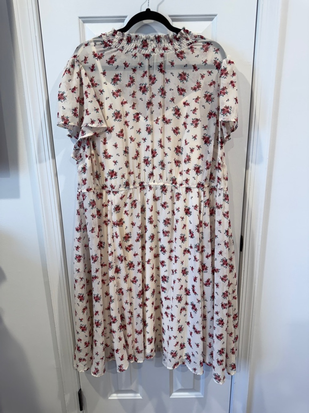 Cream Floral Smocked high neck Neck Midi Dress